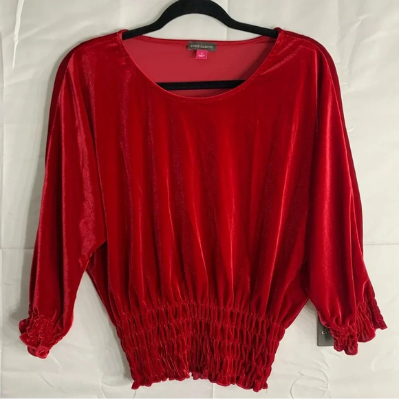NWT Vince Camuto Dolman-Sleeve Smocked Waist Velvet 3/4 Sleeve Blouse, size S - Picture 10 of 10
